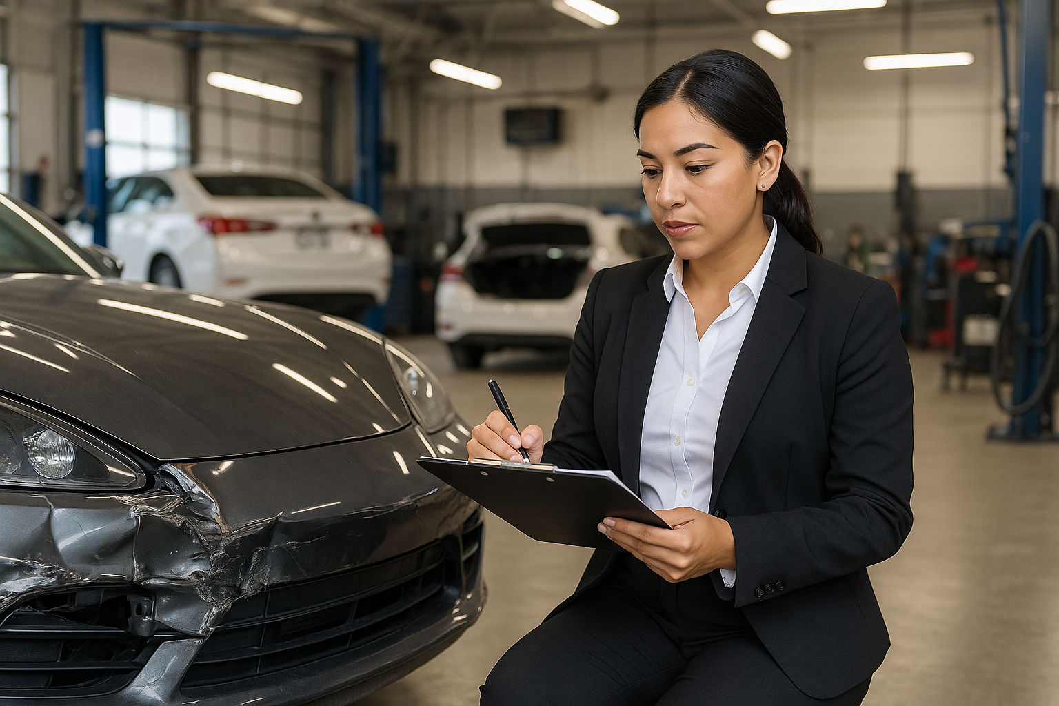 a sexy Latin woman with a clip board estimating the damages on a sports car with a collision shop in the background