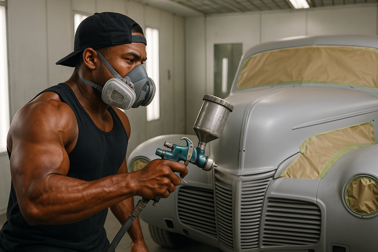 a strong brown skin complected muscle man with a backwards black cap and a paint mask on his face while painting a old classic car using a hvlp Iwata paint gun with paint booth in back ground