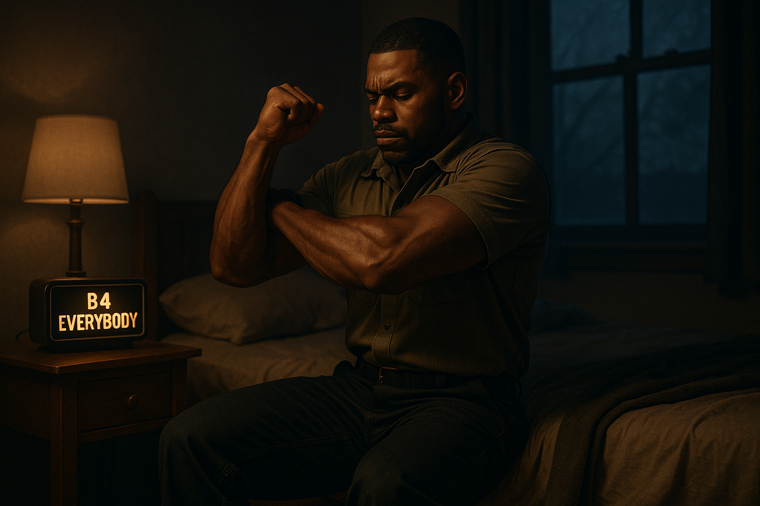a strong brown skin muscular man waking up before sunrise getting ready for his auto collision job with his alarm clock reading b4 everybody